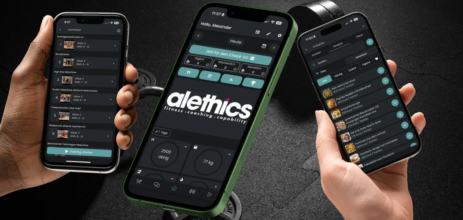 The alethics app on three phones: training, home screen with check-in, recipes