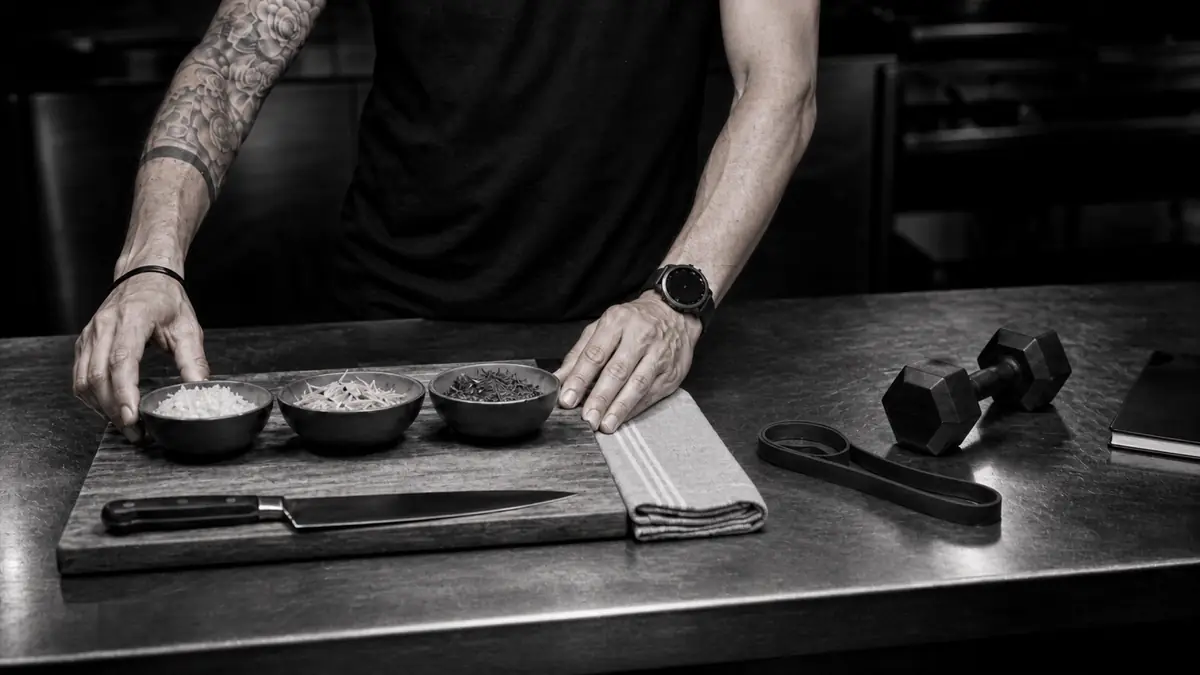 Hands at the kitchen pass, bowls of ingredients and a dumbbell